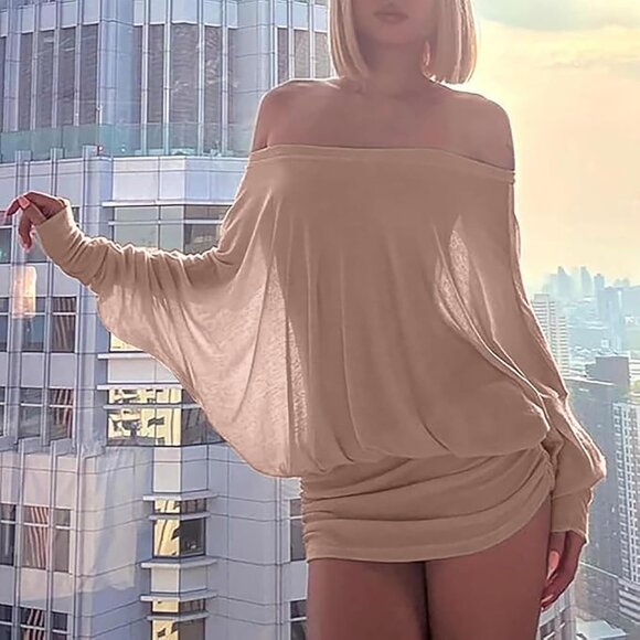 Women Apricot Off Shoulde  Ruched Casual Going Out Long Sleeve Mini Dress - Picture 6 of 6